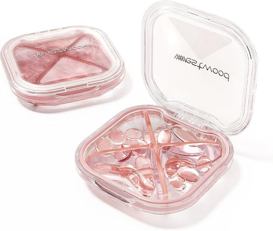 1 Pack Small Pink Pill Organizer, 4 Compartments, Compact Stylish Cute Travel Camping Pill Box Daily Medicine Pill Case, Portable and Moistureproof to Store Vitamins, Medication and Supplements