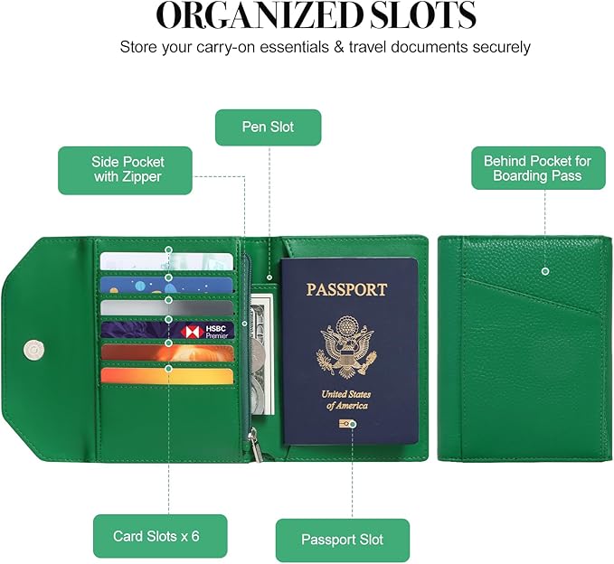 Leather Passport Holder Cover,Passport Book Holder,Rfid Blocking Travel Wallet Protect Your Card Security,Travel Document Organizer for Men Women,Airport Essentials Gift (Green)