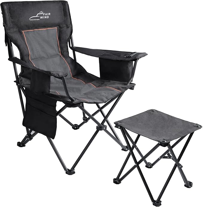 FAIR WIND Oversized Padded Camping Chair with Footrest Stool Set Heavy Duty Support 300 LBS Cooler Bag Chair - Black