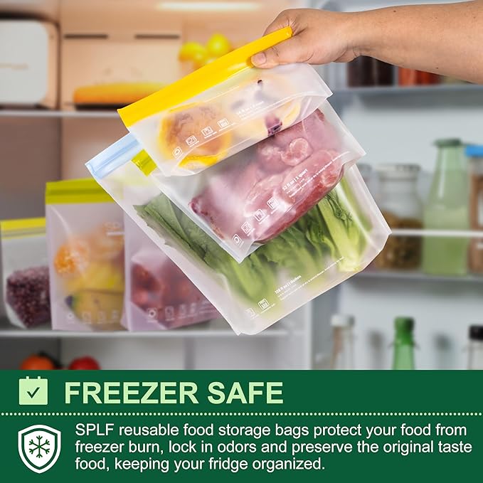 SPLF 10 Pack Stand-Up Reusable Quart Freezer Bags Dishwasher Safe, Extra Thick Leakproof 1 Quart Food Storage Bags, BPA Free Bags for Meal Prep, Sandwich, Snack, Fridge Organization