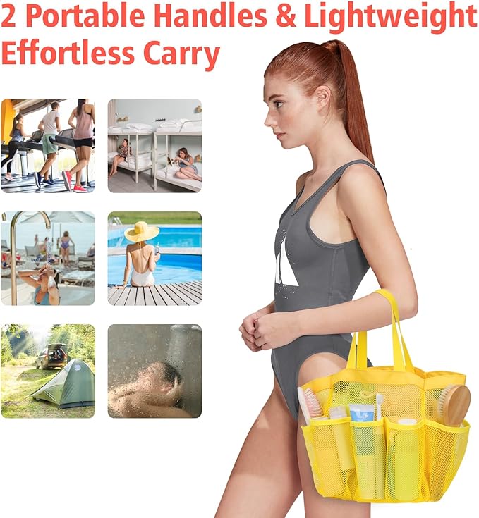 F-color Mesh Shower Caddy Portable, Upgrade Deeper 7 Pockets Shower Bag Basket Tote for College Dorm Room Toiletry Bathroom Essentials Gym Camp Quick Dry 2 handles with S Hook, Yellow