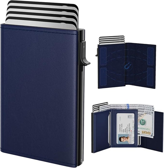 typecase Mens Wallet Card Holder: Pop Up Aluminum Case, Premium Genuine Leather, Smart, RFID Blocking, Slim, Minimalist, Front Pocket - 9-14 Card Capacity | ID Window | Cash Slot (Navy)