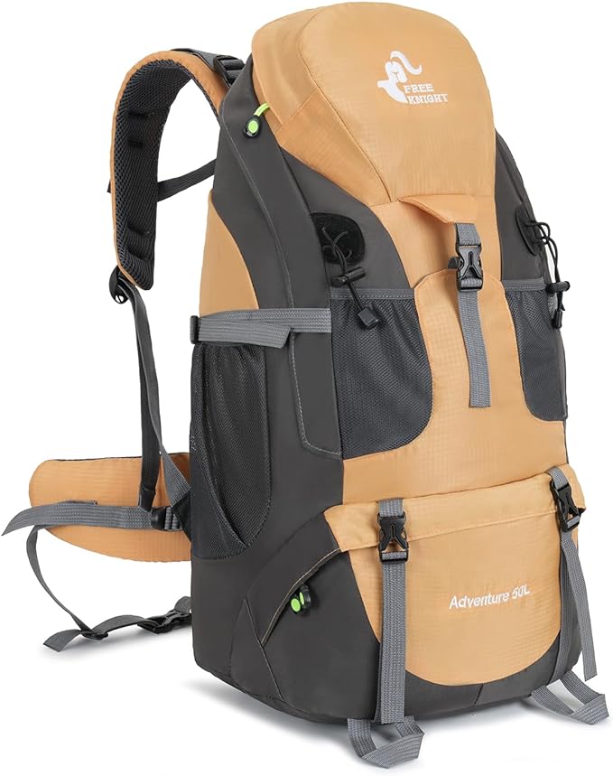 Bseash 50L Hiking Backpack, Water Resistant Lightweight Outdoor Sport Daypack Travel Bag for Camping Climbing Skiing Cycling (Gold - With Shoe Compartment)