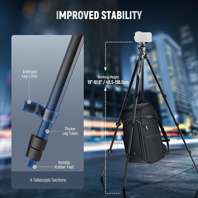 NEEWER LITETRIP LT07 61" Aluminum Travel Tripod Stand for Camera with Pan Tilt Low Profile Ball Head, Arca QR Plate Compatible with Peak Design Tripod Plate V3, Dual Center Axis, Max Load 22lb