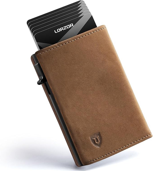 LORZOR Wallet for Men with Metal Card Holder, Pop Up Wallet, Finest Full Grain Leather Trifold Wallet, Smart, Minimalist, RFID Blocking, Front Pocket, ID Window