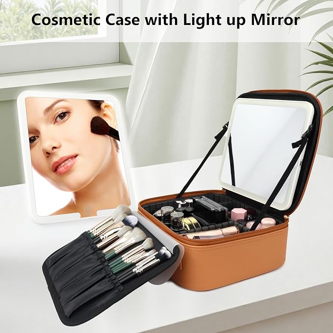 Travel Makeup Bag with LED Mirror Travel Makeup Organizer with 3 Lighted Settings, Adjustable Dividers and Makeup Brush Storage Bag Caramel