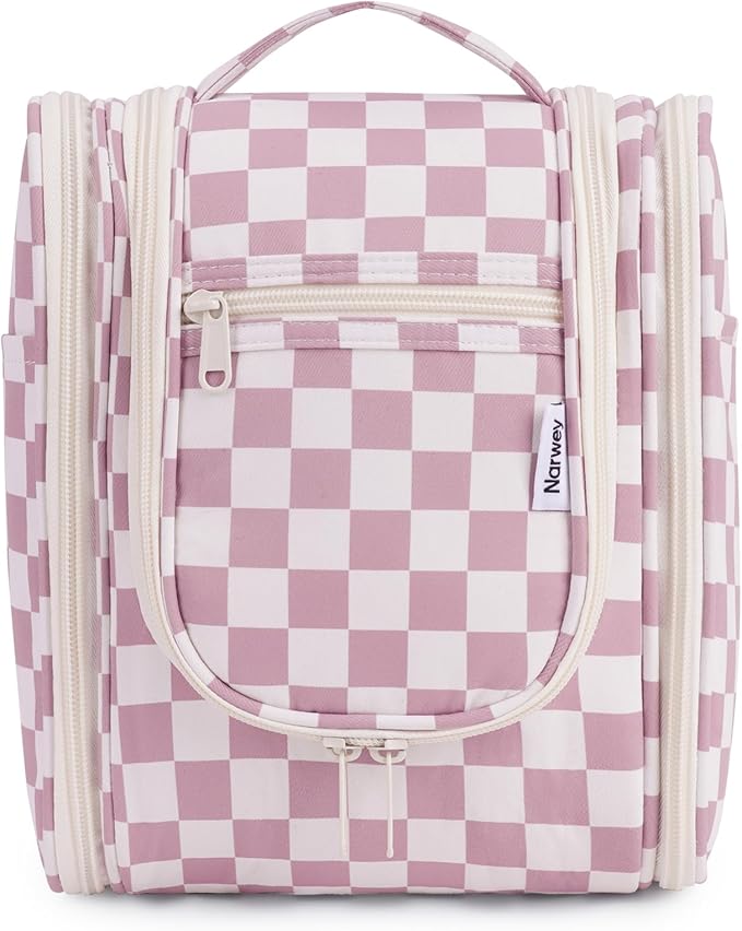 Narwey Small Checkered Hanging Travel Toiletry Bag for Women, Travel Bag for Toiletries, Makeup Bag Organizer Cosmetic Bags Make Up Bags for Women (Dusty Rose Checkerboard)