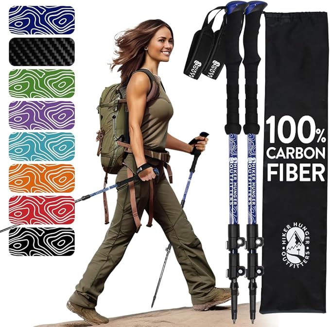 100% Carbon Fiber Trekking Poles by USA Brand - Ultra Strong Lightweight Collapsible Hiking Poles with Cork and EVA Foam Grips & Quick Adjustable Flip Locks