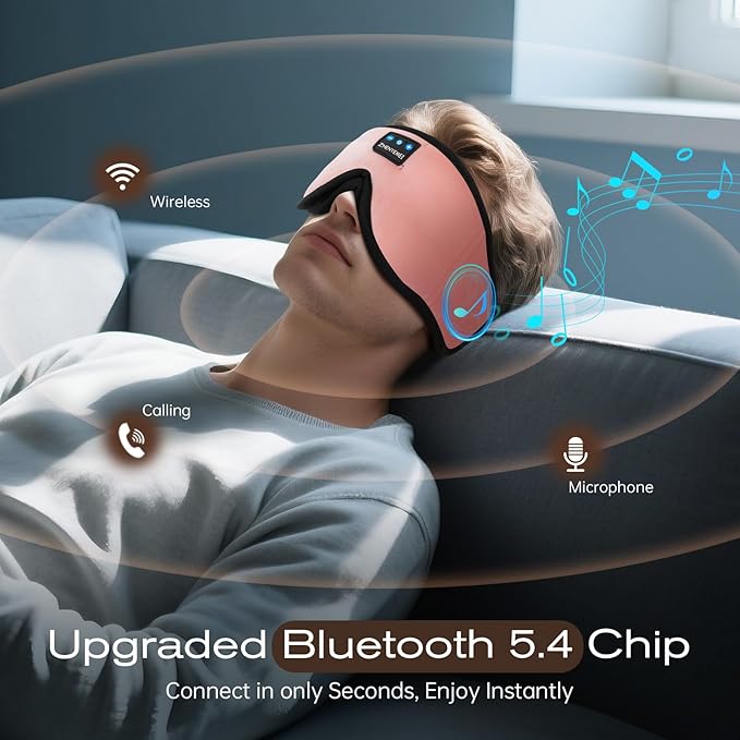 3D Sleep Mask with Bluetooth Headphones, Sleeping Headphones for Side Sleepers, Wireless Music Eye Mask with Ultra-Thin Stereo Speakers for Men, Women, Tech Gifts, Pink