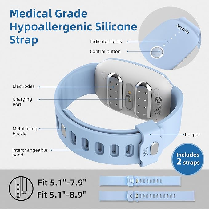 EmeTerm Fashion FDA-Cleared Relieve Nausea Electrode Stimulator Morning Sickness Motion Travel Sickness Vomit Relief Rechargeable No Gel Drug Free Wrist Bands Without Side Effects