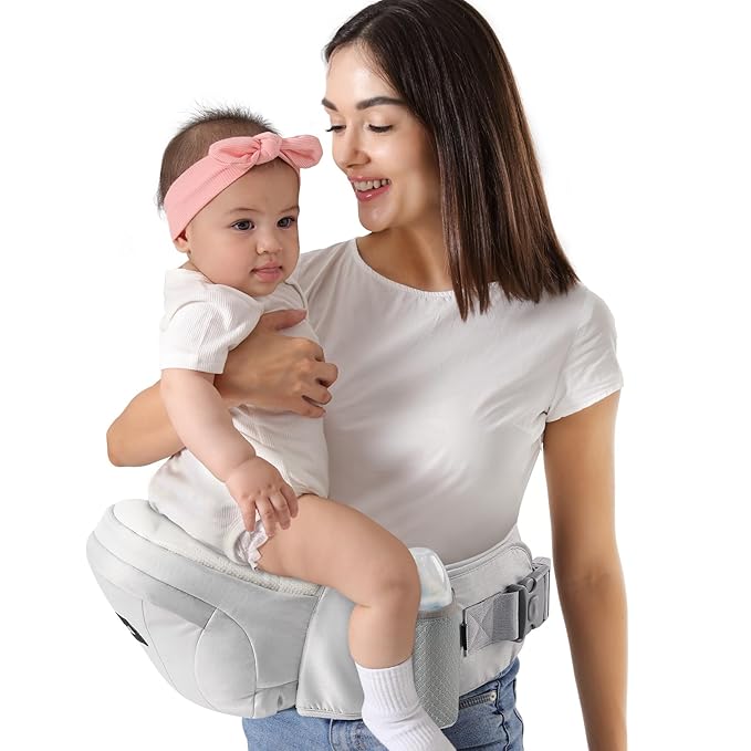 HKAI Baby Hip Carrier, Mom’s Choice Award Winner, Baby Carrier with Adjustable Waistband & Breathable Mesh, Ergonomic Carrier with Non-Slip Hip Seat Surface for Newborns & Toddlers, Light Grey