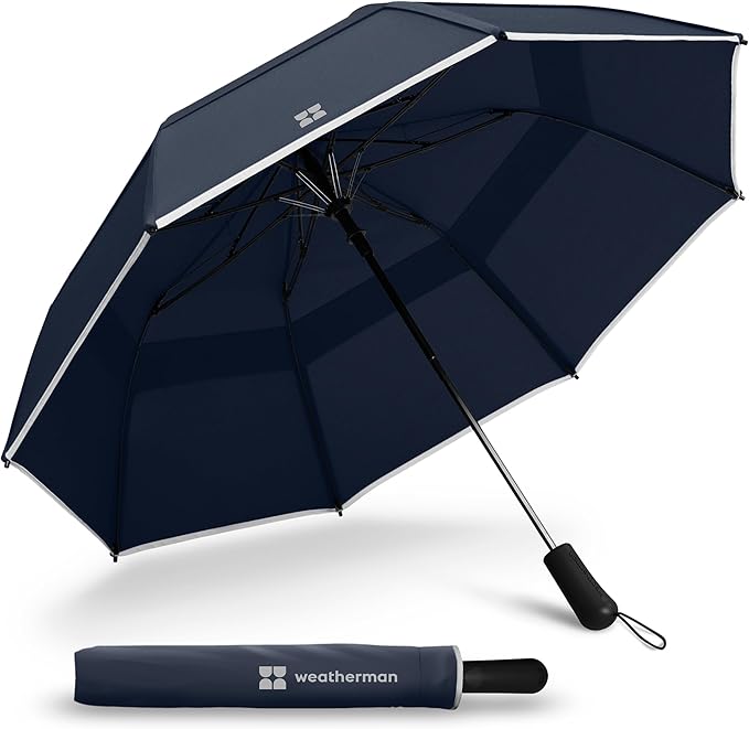 Weatherman Premium Collapsible Travel Umbrella - Windproof, Compact, Easy Auto Open - Resists Up to 55 MPH Winds - Perfect for Rain, Wind, Backpack, Car - Folding Umbrella (Navy Blue)