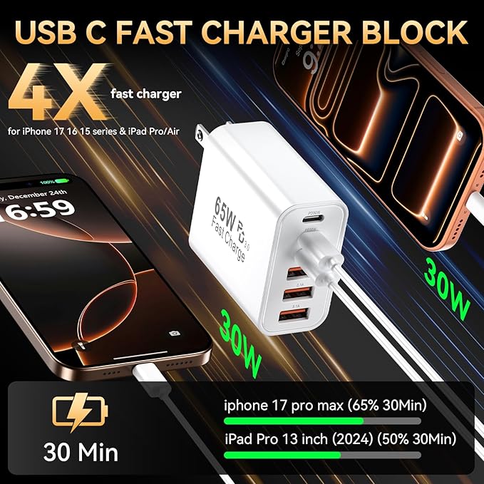 USB C Fast Charger Block, iPhone Charger Fast Charging Blocks 65W Multi Port Charger 6-Ports PD & QC Charging Cube Brick Power Adapter Type C Wall Chargers for iPhone 17/16/15/14/13/12 Pro Max, iPad