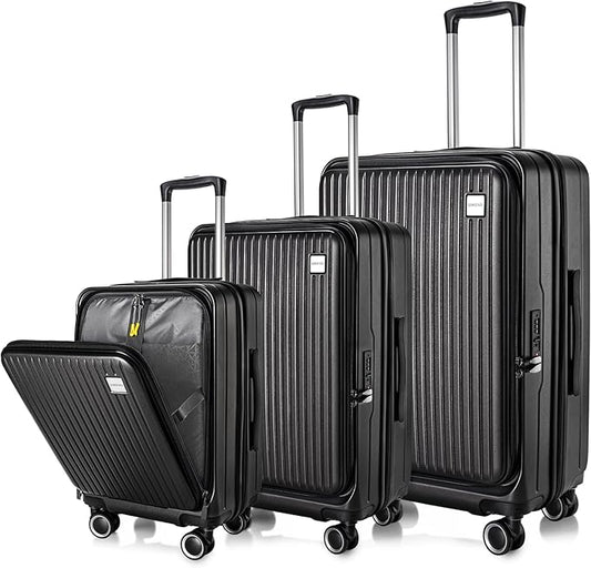 Luggage Sets 3 Piece, ABS Lightweight 20in/24in/28in Luggage, Expandable Carry On Suitcase Set with TSA Lock & Double Wheels, Front Open Hardshell Luggage Sets (Black)