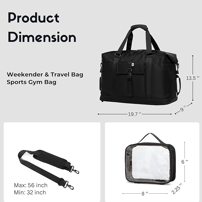 SUNNY BIRD Duffel with Utility Pouch, 40L Weekender Overnight Bag with Shoe Compartment for Travel and Sports (Black)