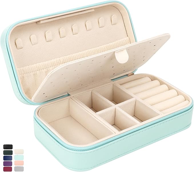 DesignSter Travel Jewelry Box, PU Leather Portable Jewelry Case, Small Jewelry Boxes for Gifts, Travel Jewelry Organizer for Women Rings Earrings Necklaces Bracelets (Mint Green)