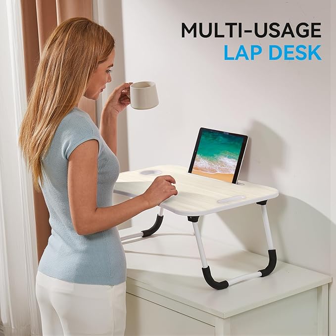 BUYIFY Folding Lap Desk, 23 Inch Portable Wood White Oak Laptop Bed Desk Lap Desk with Cup Holder, for Working Reading Writing, Eating, Watching Movies for Bed Sofa Couch Floor