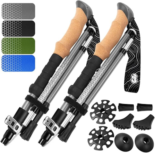 Premium Foldable Hiking Poles by USA Brand - Adjustable, Lightweight Trekking Poles Made of Aircraft Aluminum, Metal Flip Locks & Comfortable Real Cork and EVA Foam Grips