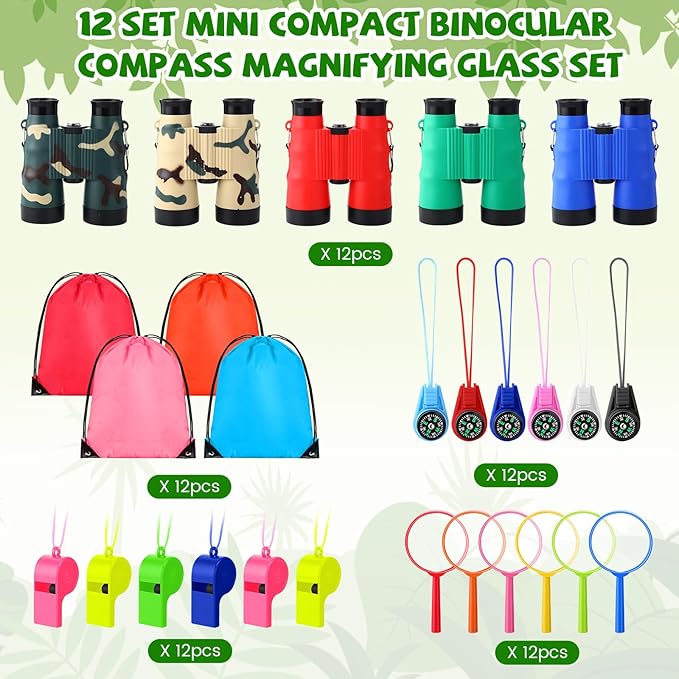 12 Set Binocular Compass Magnifying Glass Set Christmas Birthday Gift Small Telescope Binocular with Whistle Bag for Outdoor Exploring Stocking Stuffer(Fresh Color,Vivid)
