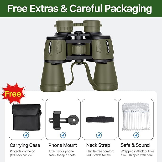 20x50 Hunting Binoculars for Adults High Powered with Low Light Night Vision - 28mm Large Eyepiece Professional Binoculars for Bird Watching Hiking Travel with BAK4 Prism FMC Lens, Green