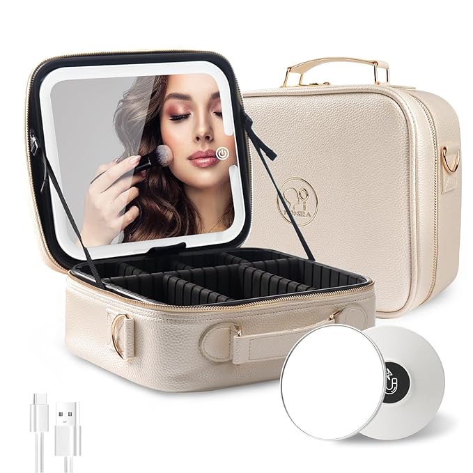 MOMIRA Travel Makeup Bag Cosmetic Bag with Lighted Mirror, Adjustable Brightness in 3 Color Scenarios/Detachable makeup mirror, All-round Upgrade, Waterproof, Gift for Women -Khaki