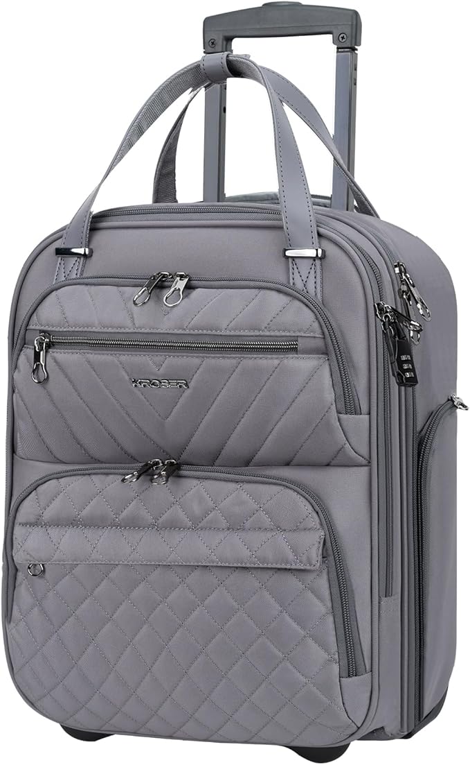 KROSER Carry On Underseat Multi-functional, 16-inch Underseater Lightweight Overnight Suitcase for Men Women, Grey