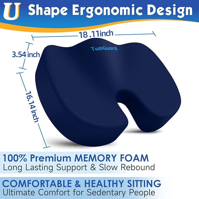 TushGuard Seat Cushion for Office Chair Memory Foam Non-Slip Cushion Back, Coccyx, Sciatica, Tailbone Pain Relief Butt Pillow for Office Chair, Car, Wheelchair, Blue, X-Large