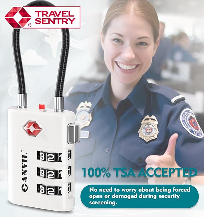 ANVIL TSA Approved Luggage Locks – High Security TSA008 Combination Travel Locks with Inspection Indicator for Suitcases and Backpacks. (4, White)