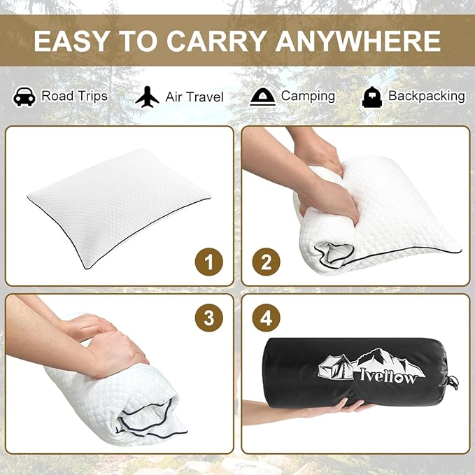 Ivellow Travel Pillow Cooling Camping Pillow for Sleeping Compressible Shredded Memory Foam Pillow Compact Firm Supportive Pillow for Adults Kids Outdoor Backpacking Hiking Essential Gear White M