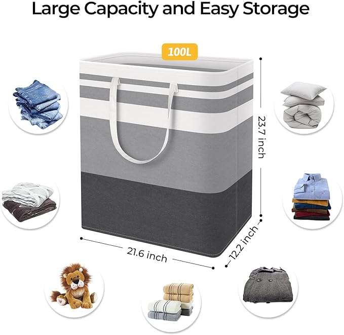 HomeHacks 2 Pack Large Laundry Baskets, Waterproof, Freestanding Laundry Hampers, Collapsible Clothes Hamper with Reinforced Handles in Laundry, College Dorm, Bathroom, Bedroom (Grey+Blue, 100Lx2)