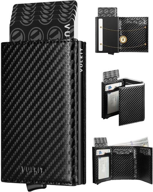 VULKIT Pop up Card Wallet Minimalist Cash Wallets RFID Blocking Leather Smart Credit Card Holder with ID window for Men(Carbon Black)