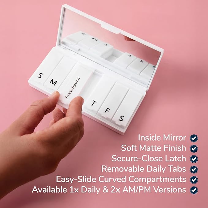 PORT X POLISH Designer Weekly Pill Box Organizer (Single 1X Daily, Crisp White) | Compact, Stylish 7-Day Vitamin Supplement Case | Cute Portable Mini Travel Medicine Carrier | BPA-Free Pillbox Caddy