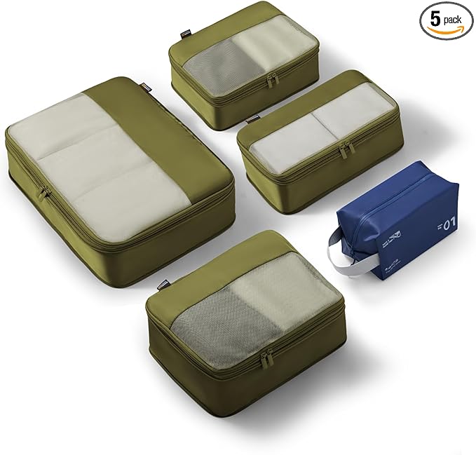 5 Set Compression Packing Cubes for Travel, Space Saving Luggage Organizer Bags (Army Green)