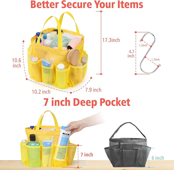 F-color Mesh Shower Caddy Portable, Upgrade Deeper 7 Pockets Shower Bag Basket Tote for College Dorm Room Toiletry Bathroom Essentials Gym Camp Quick Dry 2 handles with S Hook, Yellow
