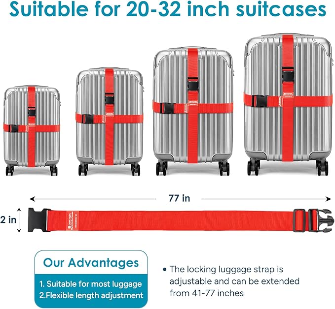 Travel Inspira Luggage Straps for Suitcases, Adjustable Suitcase Strap, TSA Approved Luggage Straps - Secure Your Luggage Safely During Travel Red (4 Pack)
