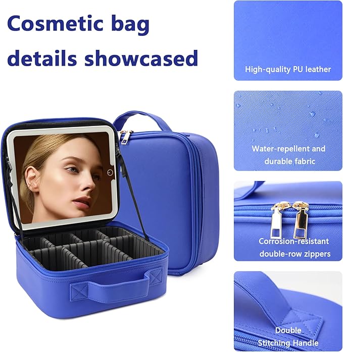 Travel Makeup Bag with LED Lighted Mirror, Travel Makeup Organizer,3 Color Setting Cosmetic Makeup Box, Adjustable Dividers and Brush Holder（dark blue）