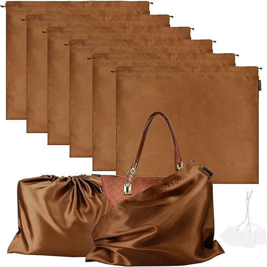 6 Pack Dust Bags for Handbags Silk Dust Cover Bag for Handbags Purses Shoes Boots, Silk Dustproof Drawstring Bag Travel Storage Pouch (Brown, 23.6 × 19.6 in)
