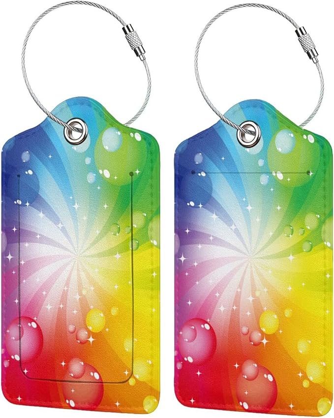 Pretty Colorful Rainbow Luggage Tags for Suitcases Women Girls Kids Adults, 2 Pack Leather Tags for Baggage Travel Backpack Bag, Identifiers Labels with Privacy Cover Name ID Card Stainless Steel Loop