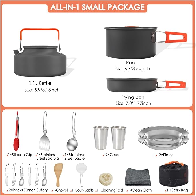 20Pcs Camping Cookware Mess Kit, Non-Stick Lightweight Camping Pots and Pans with 1.1L Kettle, 2 Set Stainless Steel Cups Plates Forks Knives Spoons for Backpacking, Hiking, Outdoor Cooking