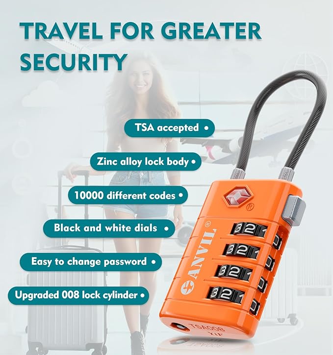 ANVIL 4 Digit Luggage Locks, TSA Locks for Luggage, Advanced TSA008 core, Alert Indicator for Your Travel Lock, Suitcase Lock. (2, Orange)