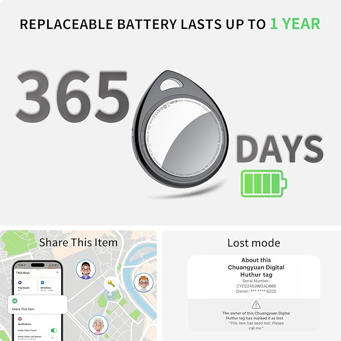 Air Tracker Tags-4 Pack, 5.3 Bluetooth Tracker Work with Apple Find My (iOS Only), 100dB Sound, Smart Tag with Keychain/Lanyard, Item Finder for Luggage/Key/Suitcase, Replaceable Battery, Black.