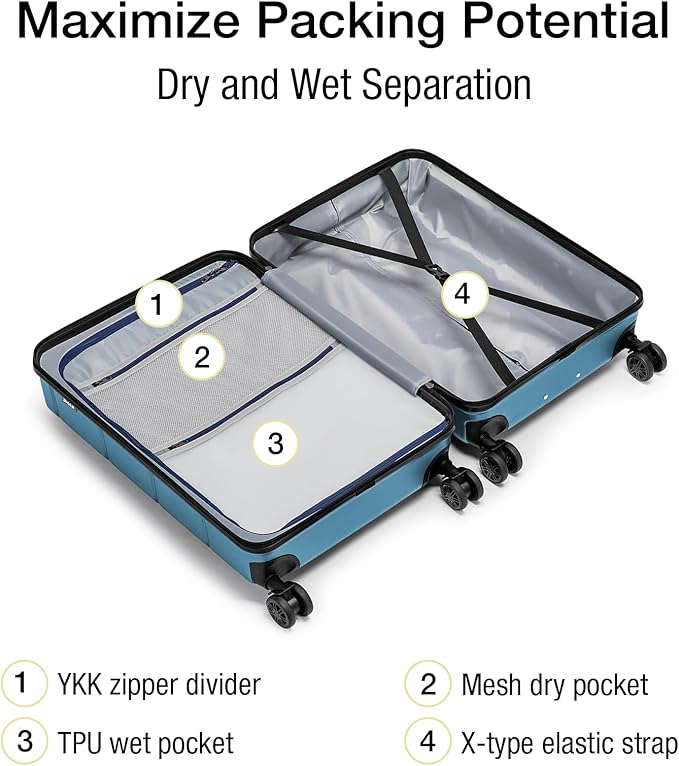 KYME Carry On Luggage 22x14x9 Airline Approved with Cup Holder Hardside Carry On Suitcase with Spinner Wheels TSA Lock Hardshell 22 inch Travel Rolling Luggage for Women Men Blue