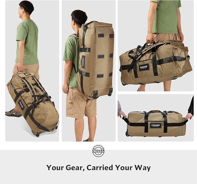 STOVER 80L Rolling Duffel Bag with Wheels, Large 31 Inch Durable Travel Duffle Bag + Toiletry Bag, Heavy Duty, Packable, Foldable w/Shoulder Straps- Use as Luggage or Backpack, Men/Women (Tan)