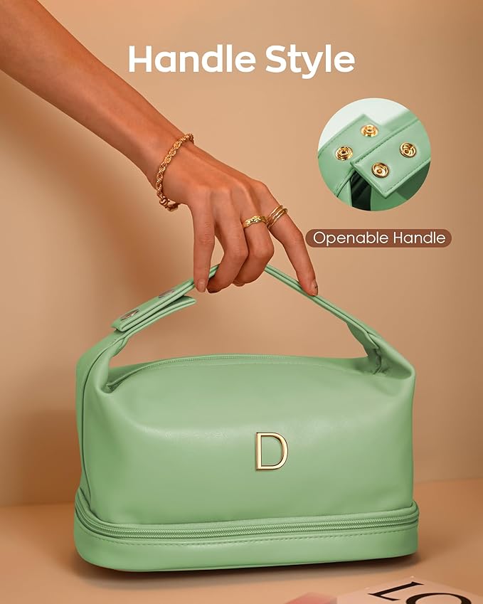 Cute Gifts for Women, Personalized Makeup Bag with Handle, Initial Double Layer Cosmetic Bag with Makeup Brush Organizer, Cute Cosmetic Pouch for Women, Gifts for Friends Female Mom