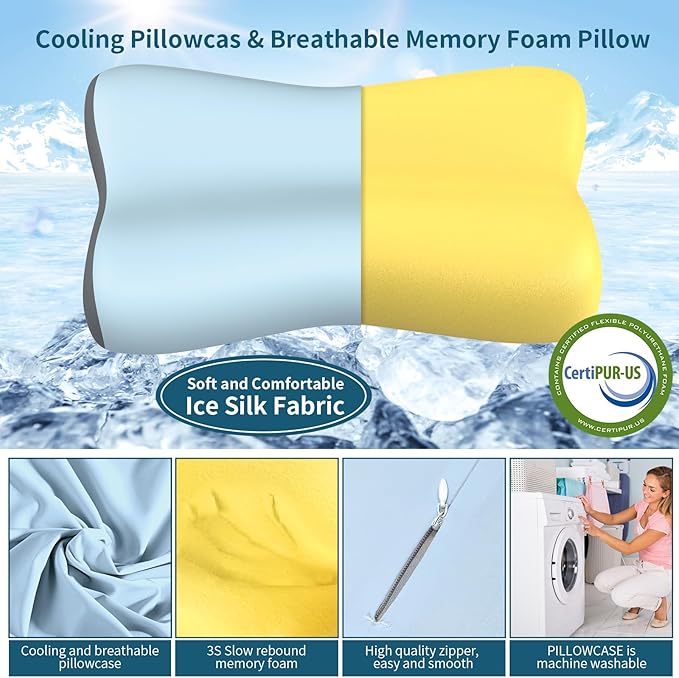 Cervical Neck Pillow, Contour Memory Foam Pillows for Neck Pain Relief, Ergonomic Pillow for Sleeping, Orthopedic Bed Pillow Neck Support Pillow for Side Back Stomach Sleepers with Cooling Pillowcase