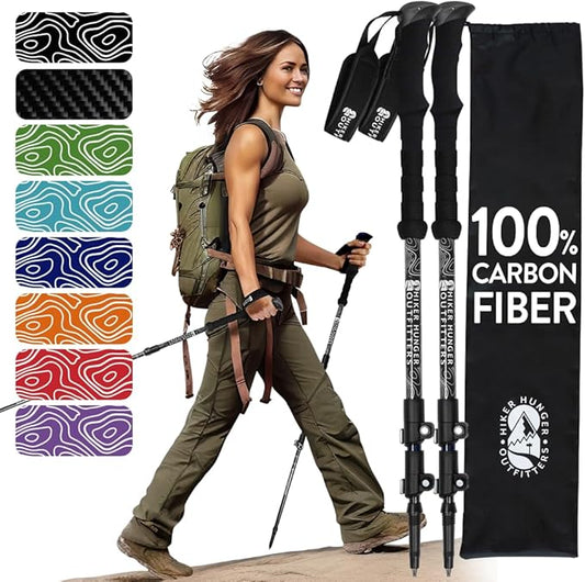 100% Carbon Fiber Trekking Poles by USA Brand - Ultra Strong Lightweight Collapsible Hiking Poles with Cork and EVA Foam Grips & Quick Adjustable Flip Locks