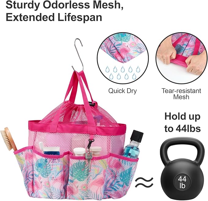 F-color Mesh Shower Caddy Portable with Drawstring - Upgrade Deeper 7 Pockets Dorm Room Essentials for Guys Girls with S Hook, Shower Bag Basket Tote for College Camping Bathroom, Pink Flamingo