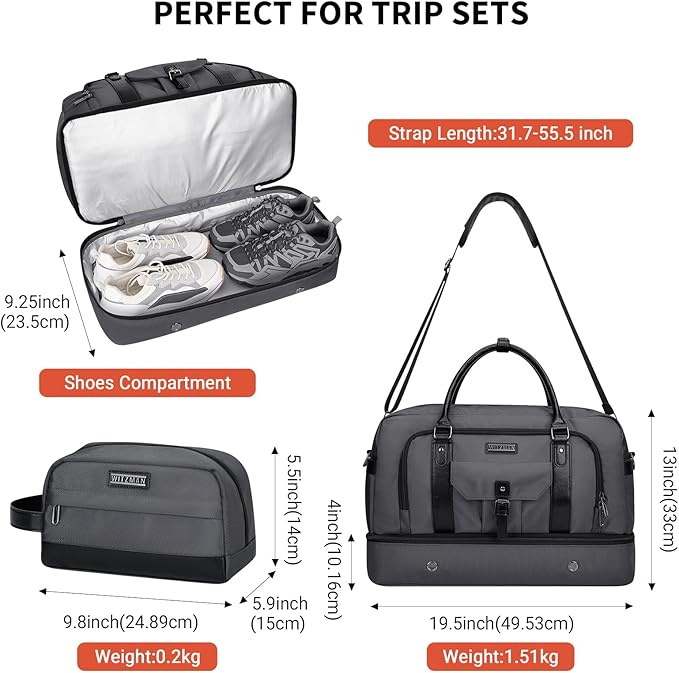 WITZMAN Weekender Bags for Men Women Carry On Duffle Overnight Bag with Toiletry Bag Sets Travel Duffel Bag Shoes Compartment （B694 Silvery Grey）