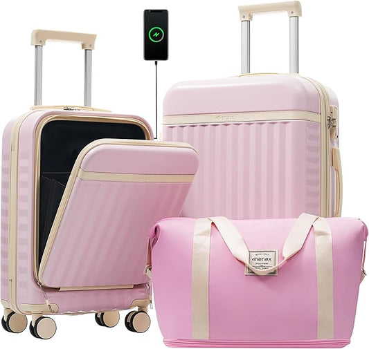 Merax Luggage Sets Front Opening, 2 Piece Hardshell Suitcase with Spinner Wheels and Bags,Lightweight Carry on Luggage with USB Port,20+24,Pink