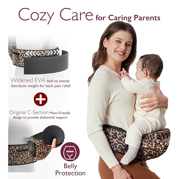 Momcozy Hip Seat Baby Carrier - Adjustable Waistband with Original 3D Belly Protector, Ergonomic Carrier with Various Pockets for Newborns & Toddlers up to 45lbs (Leopard, Medium)